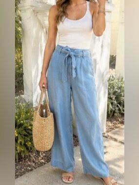 Nicole Miller Wide Leg Tie Waist Chambray Pants Blue XL NEW